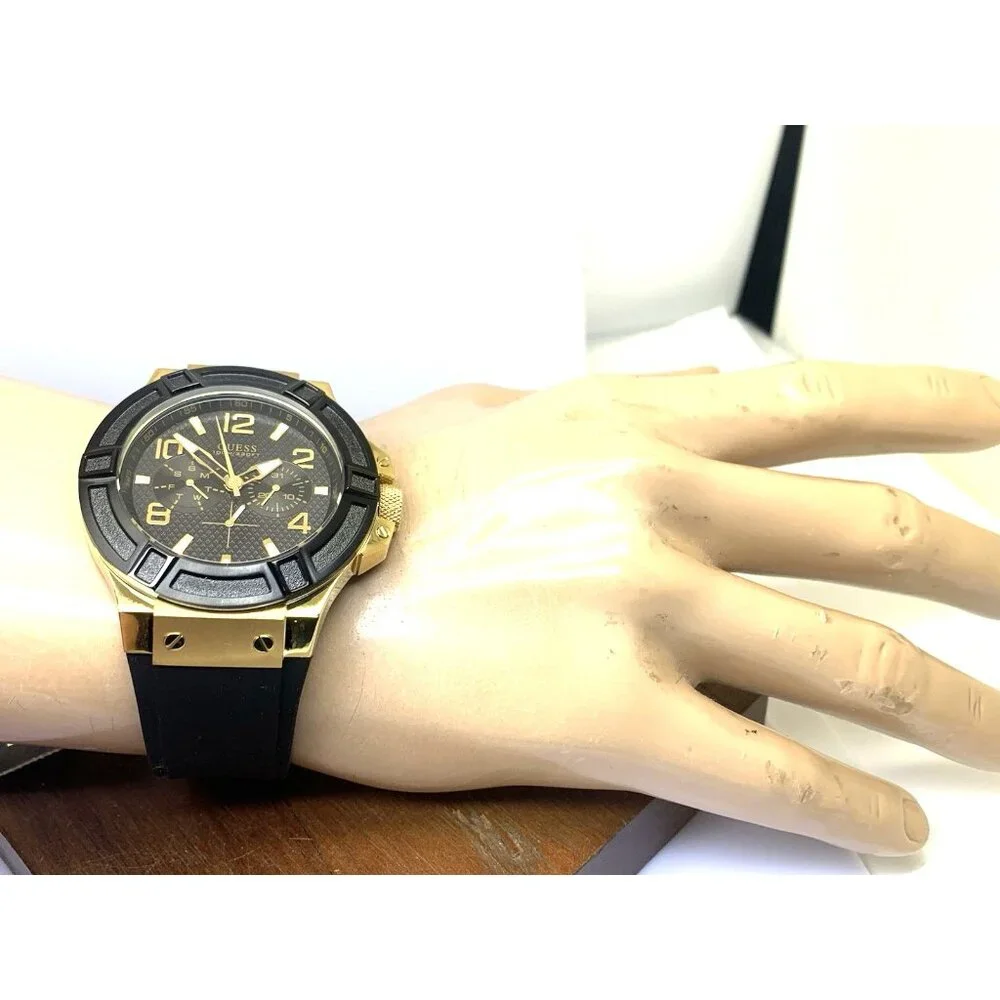 Guess Men's Watch U0247G6 Quartz Black Dial Gold Steel Rubber Strap 45mm